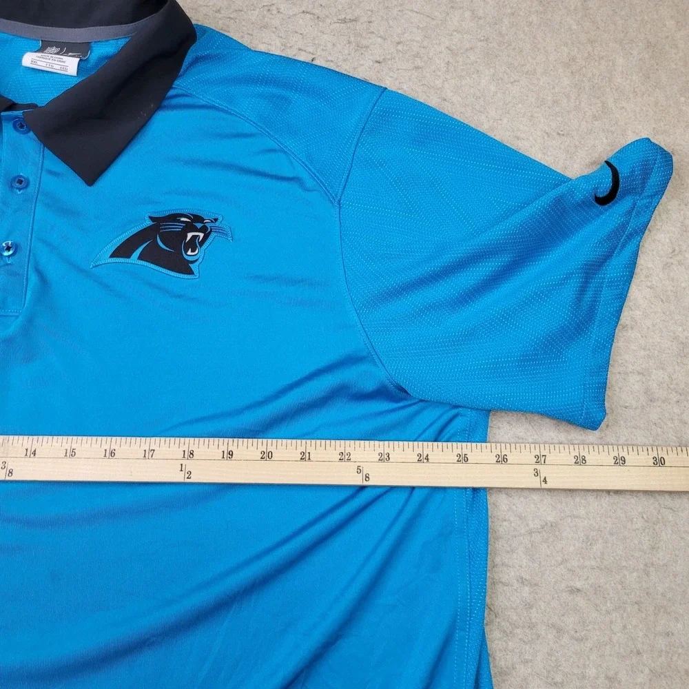 Nike Dri Fit Carolina Panthers Polo Shirt Mens 2XL Blue Short Sleeve Black Trim‎